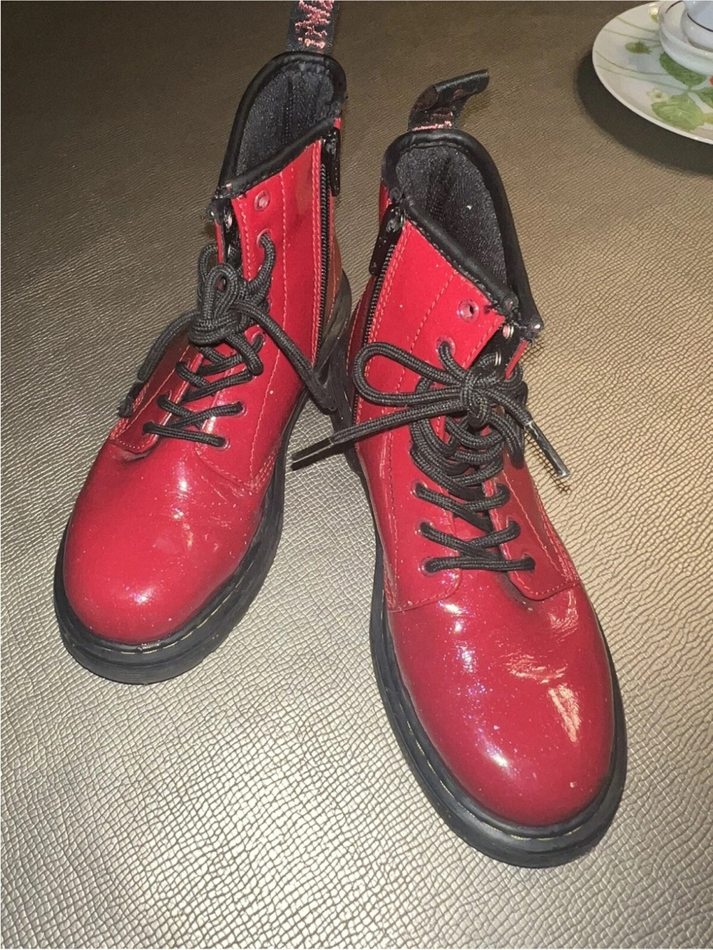 Dr. Martens Kids Red Patent Lace-Up Boots with Black Trim